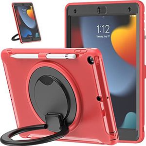 Visaccy Beschermhoes voor iPad 9 / 8 / 7 generatie 10,2 inch (25,7 cm), dunne TPU-siliconen hoes met draaibare houders, pennenhouder, rood