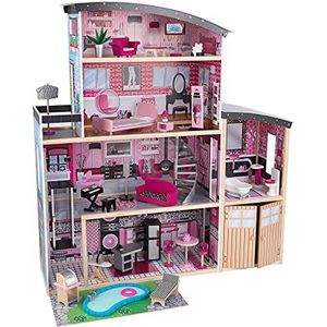 KidKraft Sparkle poppenhuis van hout, inclusief accessoires en meubels met een kat, lift, garage en zwembad, voor poppen van 30 cm, speelgoed voor kinderen vanaf 3 jaar, 65826