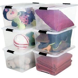 Iris Ohyama Opbergdozen, set van 6 stuks, 45 liter, met clips, stapelbaar, voor woonkamer, slaapkamer, garage, Top Box TB-45, transparant