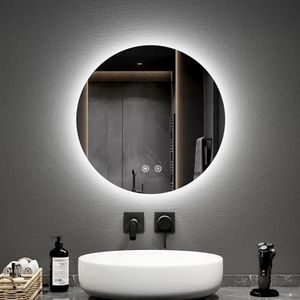 EMKE Ronde badkamerspiegel diameter 50 cm, met anti-condens+aanraakschakelaar, badkamerspiegel met led-achtergrondverlichting, koud wit licht 6500 K variabel licht, ronde led-spiegel