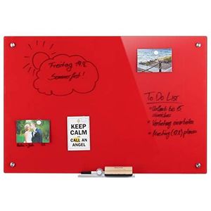 Relaxdays Glazen magneetbord, beschrijfbaar, opslag, krasbestendig, prikbord 60 x 90 cm, rood