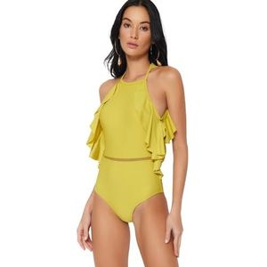 Trendyol FeMan Maillot de bain uni à volants en maille, vert huile, taille 38, Noir, 46