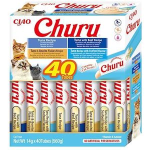 INABA Churu Puree Multipack - in totaal 40 tubes, 10 x tonijn, 10 x rundertonijn, 10 x tonijn met bonitavlokken en 10 x zeevruchtentonijn