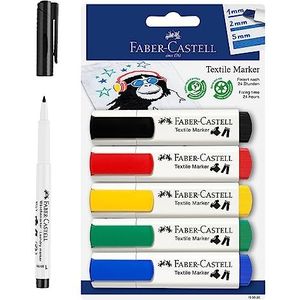 Faber-Castell 205066 - 5 stuks textielmarkers voor lichte stoffen, 5 standaardkleuren en zwarte textielstift