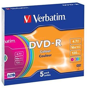 Verbatim DVD-R 16 stuks 4,7 GB gekleurde hoesjes, 5 dunne hoesjes, beschrijfbare witte dvd's, 16-voudige brandsnelheid en hardcoat dvd-krasbescherming, wit