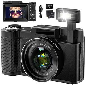 Digitale camera 4K 48MP vlogging camera voor YouTube 16X digitale zoom met macrofunctie en opklapbare flitser, compacte camera voor fotografie 180° klapscherm, TF-kaart 32