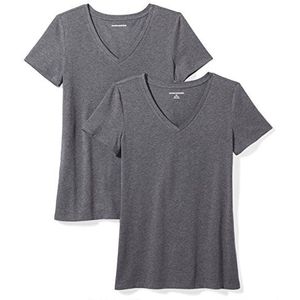 Amazon Essentials Set van 2 T-shirts met V-hals en korte mouwen voor dames, klassieke pasvorm, antraciet gemêleerd, maat XL