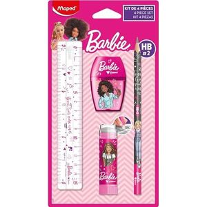 Maped - Barbie-schrijfwarenset 4-delig – 1 transparante liniaal 15 cm + 1 puntenslijper 1 gat + 1 gum, beschermde buis + 1 potlood HB – officiële Barbie-licentie