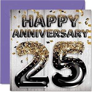 Leuke zilveren verjaardagskaart voor echtgenoot, vriend, vrouw, vriendin, zwarte ballon met glitter, wenskaart voor de 25e verjaardag van de familie, 145 mm x 145 mm
