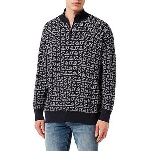 Armani Exchange Lange mouwen, kraag met ritssluiting, logo All Over Pullover voor heren, Navy Bold Outline