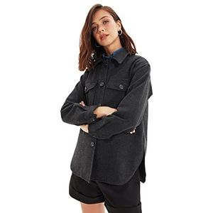 Trendyol Oversize jas voor dames, effen, reverskraag, zwart, 62, zwart.