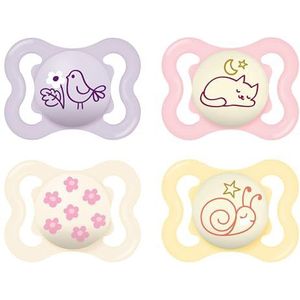 MAM Supreme Day & Night fopspeen voor pasgeborenen, 4 stuks, 0-6 maanden, 94% acceptatie, voorkomt tandmisvormingen, ontwikkeld met tandartsen, SkinSoft siliconen, vogel/kat