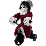 Boland 73048 Interactieve horrorpop op fiets, afmetingen 35 x 21 cm, Angry Mathilde, griezelige pop met geluid en beweging, decoratie, decoratief object, Halloween, carnaval, themafeest