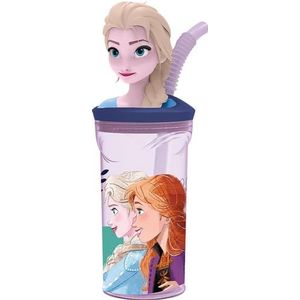 Disney Frozen Elsa en Anna plastic beker voor meisjes, 360 ml, blauw met rietje en 3D-figuur