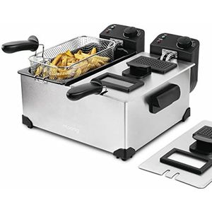 H.Koenig Friteuse van roestvrij staal met dubbele bak DFX600, 2 onafhankelijke thermostaten, elk 3 l, afneembare manden, vaatwasmachinebestendig, geurfilter, oververhittingsbeveiliging