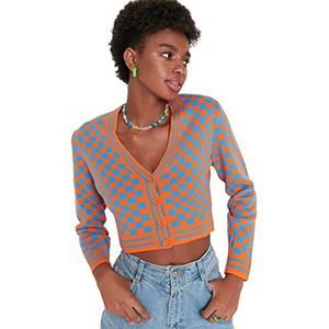 Trendyol Geruit slim vest met sweaterkraag voor dames, oranje, L, Oranje
