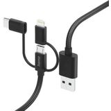 Hama 3-in-1 micro-USB-adapter, USB C/Lightning (nylon, 3 A, 480 Mbit/s, breukbeveiliging, 1,5 m kabel) zwart