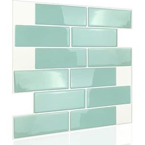 Walplus Set van 12 tegels, zelfklevend, metro, groen, zelfklevend, voor keuken, badkamer, 3D-vinyl, baksteen, 30 x 15 cm