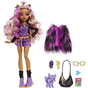 Monster High Clawdeen Wolf pop met accessoires en huisdieren, modepop, gewrichten, haar met paarse strengen, speelgoed voor kinderen, vanaf 3 jaar, HHK52