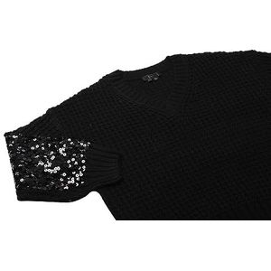 faina Pull en tricot pour femme avec col en V et manches à paillettes, noir, taille XS/S, Noir, XL