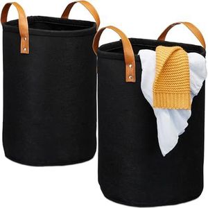 Relaxdays Wasmand, 28 liter, opvouwbaar, van vilt, badkamer, slaapkamer, h x d: 47 x 30 cm, handgrepen, zwart