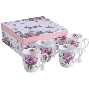 Porseleinen thee- en koffiebeker met vogel, roos, vlinder, shabby chic-stijl, 4 stuks, in geschenkdoos, 330 ml