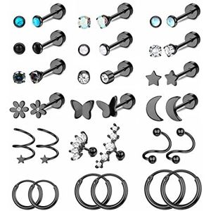 FIOROYAL 36 stuks damesoorbellen van roestvrij staal, hypoallergeen, ster, maan, CZ platte rug, creolen, helix, tragus, conch, oorpiercing, sieraden voor meisjes, Roestvrij staal, zirkonia