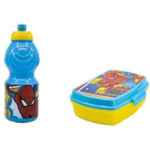 ALMACENESADAN, 5009, Pack retour à l'école Spiderman urbain ; composé de Bouteille sport 400ml et sandwich rectangulaire multicolore, produits réutilisables, sans BPA