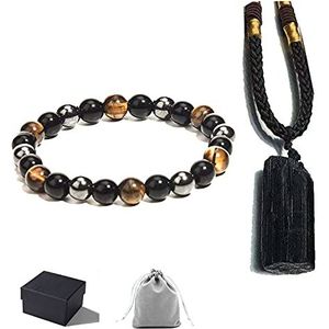 Zwarte toermalijn halsketting met toermalijnhanger en toermalijn + drievoudige bescherming van hematiet, tijgeroog, obsidiaan voor heren en dames, 2P-steen, Steen