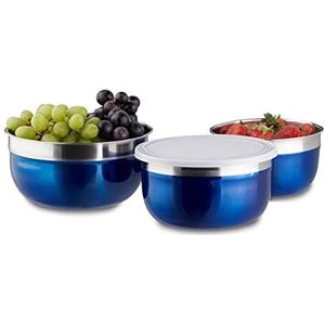 Relaxdays Schalenset 3-delig - gekleurde kommen - met deksel - keukenset - roestvrij staal - blauw