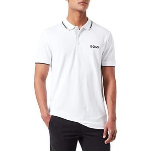 BOSS Paddy Pro Poloshirt voor heren, van katoenmix met contrasterende logo's, Wit.