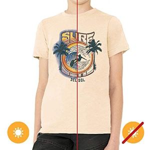 Del Sol Youth Boys Crew Tee - Surf, Natural T-Shirt - Changes from Brown & Blue to levendige kleuren in The Sun - 100% Combed, ringgesponnen katoen, relaxed fit, fijne jersey - maat YS
