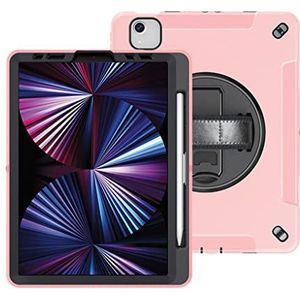 Beschermhoes voor iPad Pro 11 en Air 4/5 10.9, 3-voudige bescherming van TPU, met 360 graden draaibare standaard, polsband en pensleuf, roze