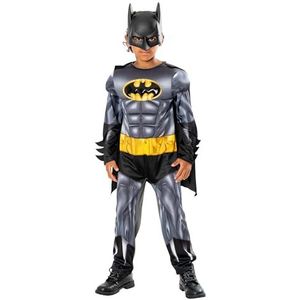 Rubies Batman Metallic Core Deluxe kostuum voor kinderen, bedrukte jumpsuit met gespierde borst, cape en masker, officieel DC Comics voor carnaval, Halloween, Kerstmis en verjaardag