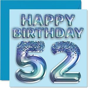 Verjaardagskaart 52e verjaardag mannen - Blauwe glitter ballonnen - Verjaardagskaarten voor mannen van 52 jaar, oom, opa, opa, opa, 145 mm x 145 mm, 52 jaar