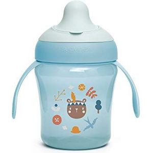 Suavinex, Leren mok met harde uitloop. Lekvrije babybeker met klapdeksel en handgrepen. Vaatwasmachinebestendig. Trainer Cup 200 ml. Babyglas en Kinderen +6 Maanden. Blauw Bos