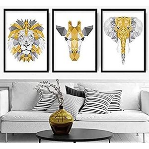 Artze Wall Art Geometrische kunstdruk, jungle-heads, giraf, leeuw, olifant, geel/grijs, 3 stuks