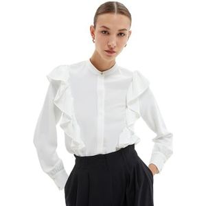 Koton T-shirt à manches longues boutonnées et col ruffle mandarin pour femme, Blanc cassé (001), 40