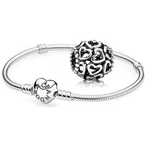 Originele Pandora cadeauset - 1 x zilveren armband met hartsluiting 590719 en 1 x prachtige charme hart 790964, sterling zilver, Zonder steen
