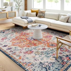 Surya Asmara Vintage groot tapijt woonkamer eetkamer hal oosters tapijt bohemian stijl kleurrijk patroon aqua gebroken wit blauw rood saffron 120x170 cm