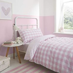Catherine Lansfield Check and Stripe Beddengoed Roze 140 x 220 + 65 x 65 cm
