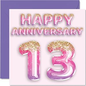 Schattige verjaardagskaart van kant voor vrouwen, vriendin, echtgenoot, vriend, glitterballonnen, roze paars - wenskaarten voor de 13e verjaardag van de familie, 145 mm x 145 mm