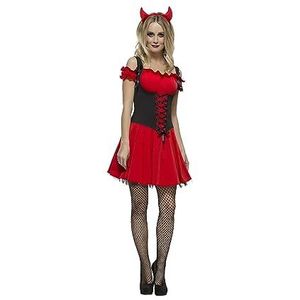 Smiffys Fever Boze duivelskostuum voor dames, jurk met vastgebonden rok en hoorns, Halloween-kostuum, maat L, 30886 (rood)
