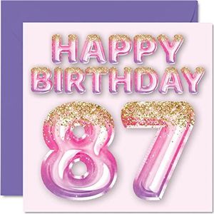 87e verjaardagskaart voor vrouwen, roze en paarse glitterballonnen, verjaardagskaarten voor 87-jarige vrouw, grootmoeder, oma, oma, 145 mm x 145 mm, 87 jaar