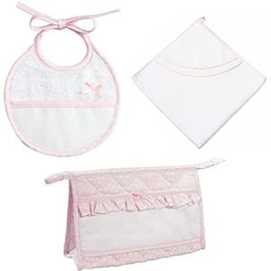 FILET - 3-delige badset, badjas triangel, envelop met ritssluiting, slabbetje, origineel cadeau-idee voor baby's, gemaakt in Italië, kleur roze