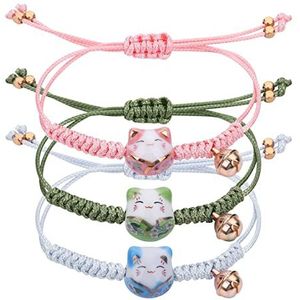 Yolev Maneki Neko 3 stuks gelukskat armbanden met keramische kralen, geluksarmband met verstelbare belletje, dubbele veiligheid, katoen, Keramiek Katoen Lak Keramiek Van katoen