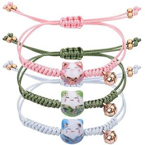 Yolev Maneki Neko geluksbrenger kattenarmbanden met keramische kralen en verstelbare belletjes, 3 stuks, Katoen