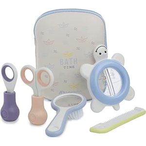 BEBECONFORT Babytoilettas: babyhaarborstel, babykam met spiegel, nagelknipper voor baby's, schaar voor baby's en badthermometer voor baby's, 0m+, Paper Boats