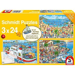Schmidt Spiele 56418 Waar is het kleine zeilschip puzzel voor kinderen, meerkleurig, 3 x 24 delen