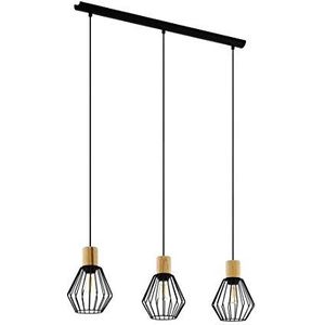EGLO Palmorla Hanglamp met 3 lichtpunten, vintage, industrieel, retro, hanglamp van staal en hout in zwart, naturel, voor eettafel en woonkamer, met E27 fitting